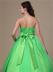 Strapless Spring Green Ball Gown Fully Beading Belt Ribbon Back