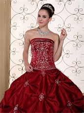 Wine Red Pick-ups Satin Quinceanera Dress Silver Embroidery New York