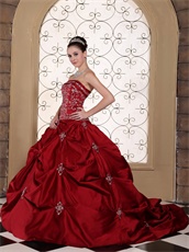 Wine Red Pick-ups Satin Quinceanera Dress Silver Embroidery New York