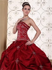 Wine Red Pick-ups Satin Quinceanera Dress Silver Embroidery New York
