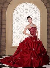 Wine Red Pick-ups Satin Quinceanera Dress Silver Embroidery New York