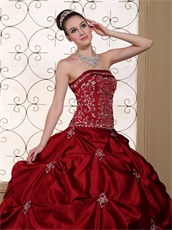 Wine Red Pick-ups Satin Quinceanera Dress Silver Embroidery New York