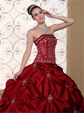 Wine Red Pick-ups Satin Quinceanera Dress Silver Embroidery New York