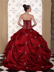 Wine Red Pick-ups Satin Quinceanera Dress Silver Embroidery New York