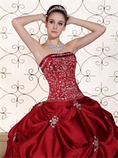 Embroidery Pick-ups Puffy Ball Gown Wine Red Quinceanera Dress For Girls