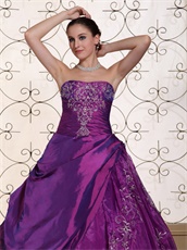 Mature Purple Taffeta and Organza Prom Ball Gown With Embroidery