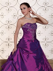 Mature Purple Taffeta and Organza Prom Ball Gown With Embroidery