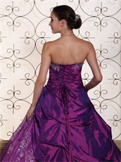 Mature Purple Taffeta and Organza Prom Ball Gown With Embroidery