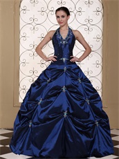 Halter Top Navy Blue Exciting Quinceanera Dress Silver Embroidery