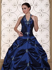 Halter Top Navy Blue Exciting Quinceanera Dress Silver Embroidery