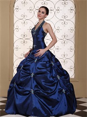 Halter Top Navy Blue Exciting Quinceanera Dress Silver Embroidery