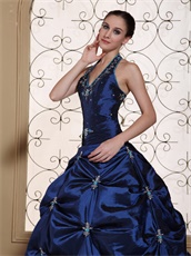 Halter Top Navy Blue Exciting Quinceanera Dress Silver Embroidery