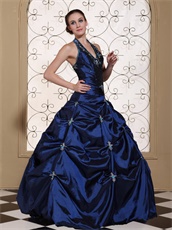 Halter Top Navy Blue Exciting Quinceanera Dress Silver Embroidery