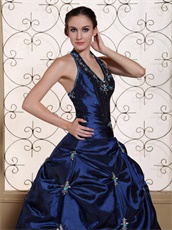 Halter Top Navy Blue Exciting Quinceanera Dress Silver Embroidery
