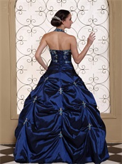 Halter Top Navy Blue Exciting Quinceanera Dress Silver Embroidery