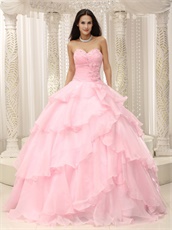 Baby Pink Thick Organza Crossed Layers Quinceanera Court Gown