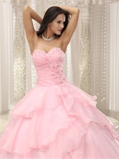 Baby Pink Thick Organza Crossed Layers Quinceanera Court Gown