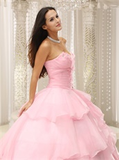 Baby Pink Thick Organza Crossed Layers Quinceanera Court Gown