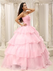 Baby Pink Thick Organza Crossed Layers Quinceanera Court Gown