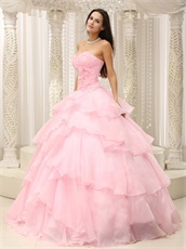 Baby Pink Thick Organza Crossed Layers Quinceanera Court Gown