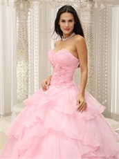 Baby Pink Thick Organza Crossed Layers Quinceanera Court Gown