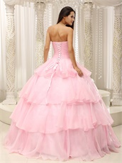 Baby Pink Thick Organza Crossed Layers Quinceanera Court Gown