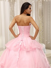 Baby Pink Thick Organza Crossed Layers Quinceanera Court Gown