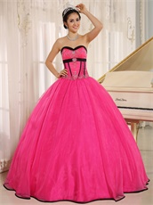 Pretty Puffy Floor Length Hot Pink Qunceanera Court Gown Black Details