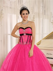 Pretty Puffy Floor Length Hot Pink Qunceanera Court Gown Black Details