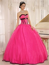 Pretty Puffy Floor Length Hot Pink Qunceanera Court Gown Black Details