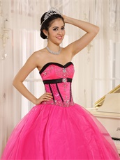 Pretty Puffy Floor Length Hot Pink Qunceanera Court Gown Black Details