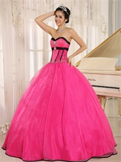 Pretty Puffy Floor Length Hot Pink Qunceanera Court Gown Black Details