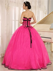 Pretty Puffy Floor Length Hot Pink Qunceanera Court Gown Black Details