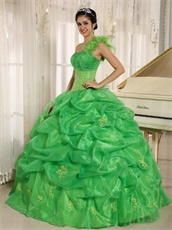 Grass Green Fully Bubble Quinceanera Dress Handmade Flowers Single Strap