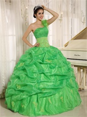 Grass Green Fully Bubble Quinceanera Dress Handmade Flowers Single Strap