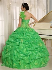 Grass Green Fully Bubble Quinceanera Dress Handmade Flowers Single Strap