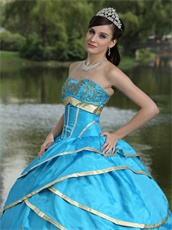 Crossed Layers Flat Quinceanera Gowns Auqa With Golden Embroidery