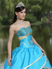 Crossed Layers Flat Quinceanera Gowns Auqa With Golden Embroidery