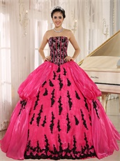 New Arrival Applique Military Ball Gown Black Bodice With Fuchsia Strip