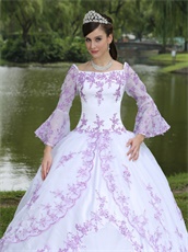 Square Flare Sleeve Sweet 16 Party Dress White With Lilac Embroidery