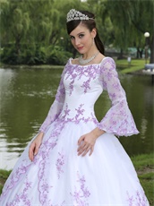 Square Flare Sleeve Sweet 16 Party Dress White With Lilac Embroidery