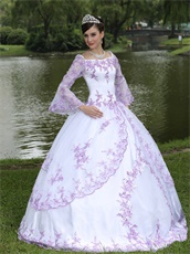 Square Flare Sleeve Sweet 16 Party Dress White With Lilac Embroidery