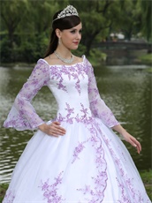 Square Flare Sleeve Sweet 16 Party Dress White With Lilac Embroidery