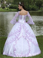 Square Flare Sleeve Sweet 16 Party Dress White With Lilac Embroidery