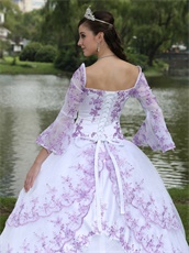 Square Flare Sleeve Sweet 16 Party Dress White With Lilac Embroidery