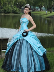 Find Quniceanera Ball Gown Aqua Open Skirt With Black Sparkle Tulle