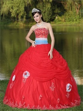 Colorful Basque Waist Red Quinceanera Dress Flat Tulle With 3D Flowers