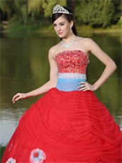 Colorful Basque Waist Red Quinceanera Dress Flat Tulle With 3D Flowers