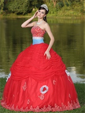 Colorful Basque Waist Red Quinceanera Dress Flat Tulle With 3D Flowers