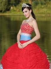 Colorful Basque Waist Red Quinceanera Dress Flat Tulle With 3D Flowers
